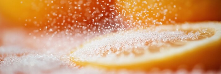 Sugar sprinkles over fresh lemon slices during a bright kitchen moment on a sunny afternoon