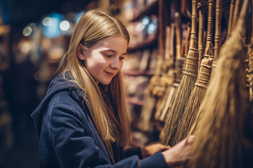Halloween background with a young witch chooses a flying broom in the store.	 