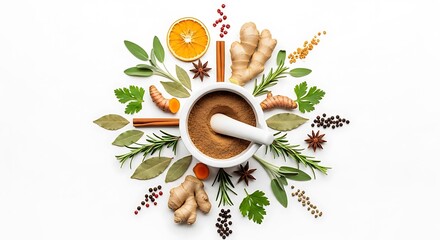 Herbs and spices arranged in a circle isolated on white background