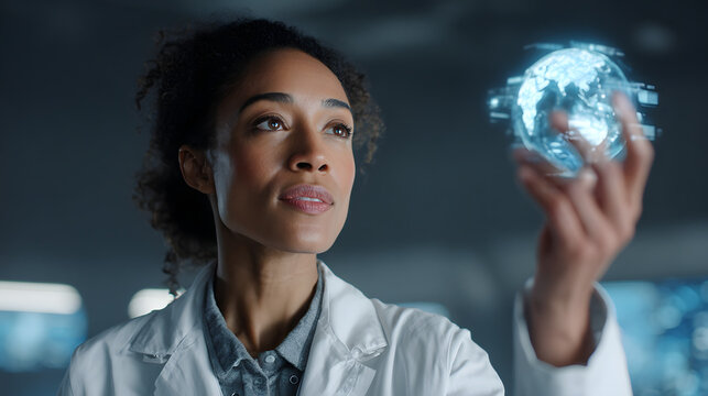 Scientist Examining Futuristic Hologram of the Earth - Powered by Adobe