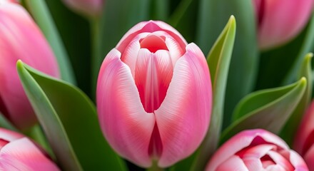 Closeup of a pink tulip with green leaves