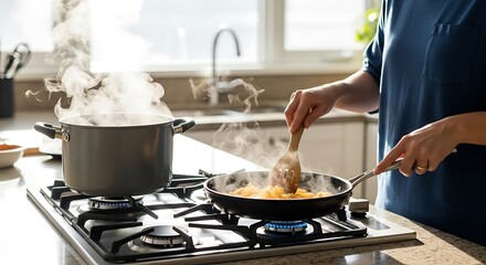 Person cooking food in a kitchen on a stove
