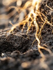 Exploring the intricate network of roots in rich black soil during golden hour light revealing details of natures hidden beauty