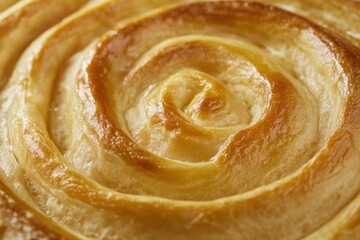 Freshly baked spiral pastry shows layers of buttery perfection and golden brown crust, ideal for breakfast or dessert at a local bakery