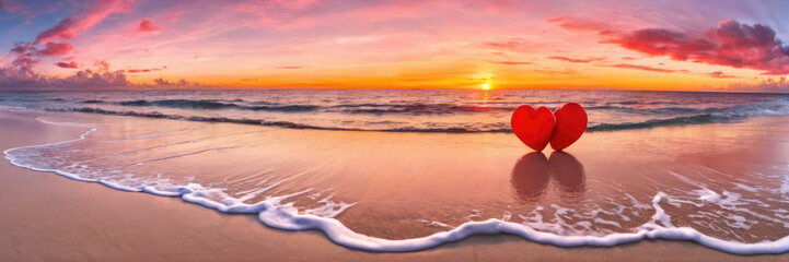 Stunning orange sunset on a calm beach with two plush red hearts