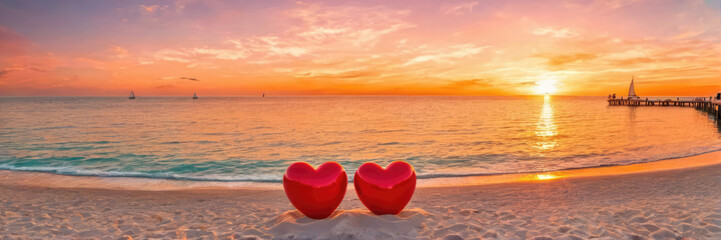 Stunning orange sunset on a calm beach with two plush red hearts