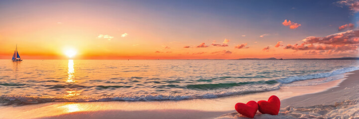 Stunning orange sunset on a calm beach with two plush red hearts