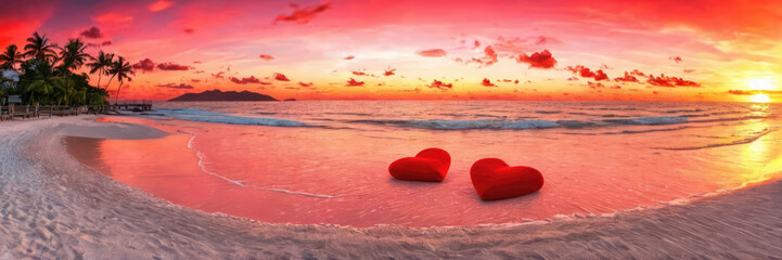Dramatic pink and red sunset over a beach with two hearts in the water