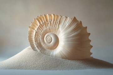 A beautiful, large spiral seashell, intricately textured and pearlescent, resting on a dune of fine white sand in a minimalist setting.