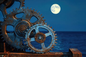 Rusty blue gears against a deep blue night sky, overlooking the dark ocean, illuminated by a bright full moon. Industrial art.