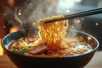 A tantalizing bowl of steaming ramen with rich broth, tender meat, and fresh scallions, perfectly lifted by chopsticks.