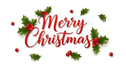 Merry christmas text with holly berries isolated on white background