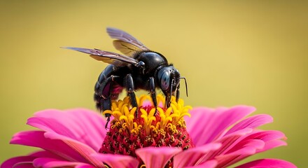 Carpenter bee on pink zinnia flower collecting nectar