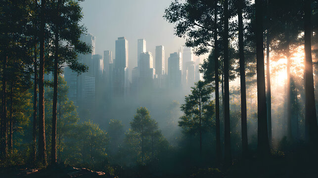 Cityscape emerging from a misty forest at sunrise