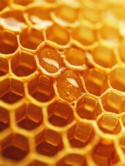 Beautiful close-up of honeycomb with golden honey droplets glistening in the sunlight during a warm day
