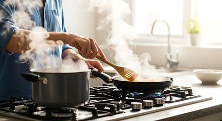 Person cooking food on a gas stove with steam