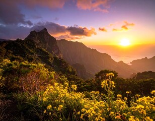 Sunset Over Madeiras Mountains - A Floral Paradise.