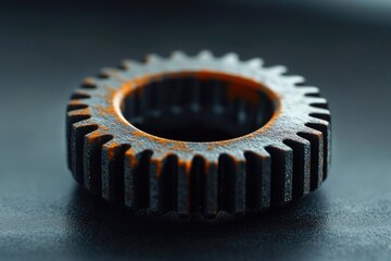 A detailed macro shot reveals a heavily rusted metal gear with dark teeth and an orange-brown corroded core, set against a dark, industrial background.