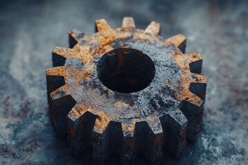 A close-up of a heavily rusted metal gear with a central hole, resting on a gritty, dark industrial surface.