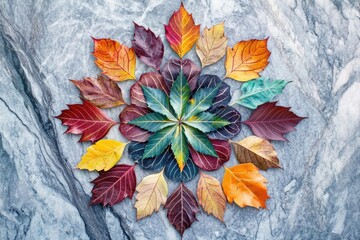 Vibrant autumn leaves meticulously arranged in a beautiful mandala pattern on cool marble, showcasing nature's diverse palette.