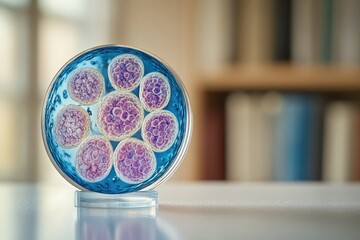 3D rendering of multiple cell clusters, possibly stem cells or embryos, cultured in a petri dish, representing biological research and medical science.