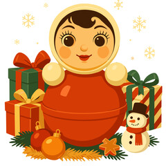 Christmas illustration with Russian roly poly doll, gift boxes and snowman in festive style, red and green colors, winter holiday decoration