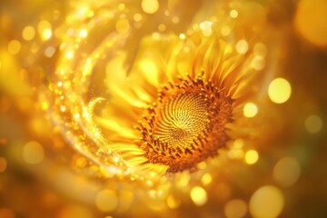 Bright sunflower surrounded by shimmering golden light and soft bokeh effects in a summer garden setting during the daytime