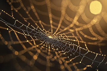 A sparkling spiderweb covered in golden-lit dewdrops against a dark background, creating a mesmerizing bokeh effect and intricate patterns.