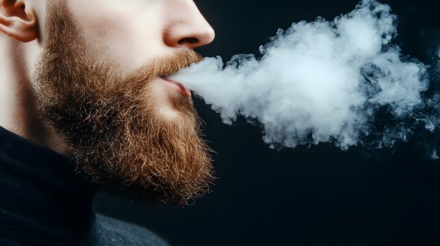Close-up of bearded man exhaling vapor smoke against a dark black background