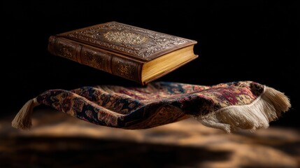 A flying carpet made of the finest weave and in oriental colors floats in the air, and on the carpet is an old book with a beautiful carved leather cover.