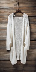 Fototapeta premium White knit cardigan hanging on wooden rustic wall