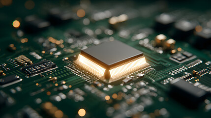 Close-up of a glowing computer processor on a circuit board.