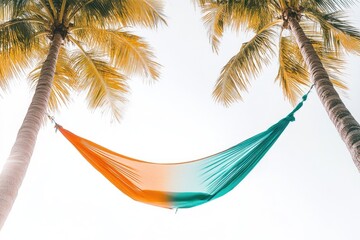A vibrant orange and teal hammock strung between two tall palm trees against a bright, serene sky, embodying tropical relaxation.