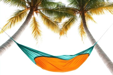 A colorful orange and teal hammock hangs invitingly between two tall palm trees against a clear white sky, symbolizing ultimate tropical relaxation and escape.