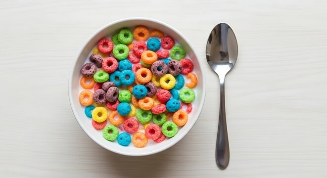 A bowl of colorful cereal loops with milk and a spoon on a white surface seen from above view