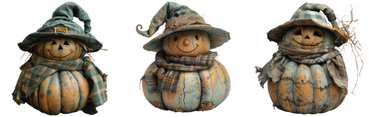 Three pumpkin scarecrows with hats and scarves isolated on transparent background