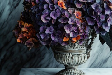 A striking bouquet of purple and orange hydrangeas beautifully arranged in an ornate, classical vase, set against a dark marble backdrop.