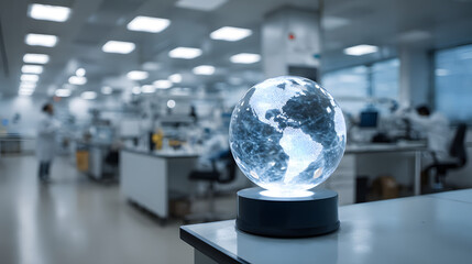 A glowing globe in a modern laboratory setting, symbolizing global connectivity.