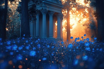 A mystical temple in an enchanted forest, bathed in golden light. Glowing blue flowers carpet the foreground, creating a magical, ethereal landscape scene.