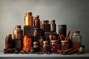 An abundant collection of dried spices, herbs, and aromatic ingredients in glass jars with corks, arranged on rustic wooden blocks.