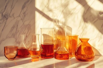 Elegant amber and clear glass vessels, containing varied liquids, stand on marble, bathed in strong sunlight, casting captivating shadows.