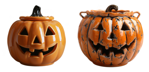 Two carved halloween pumpkins, one with a lid and one a cauldron, isolated on transparent background