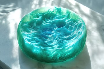 A mesmerizing spherical object showcases ocean waves and frothy seafoam in translucent teal and green hues, beautifully illuminated, creating a serene, artistic display.