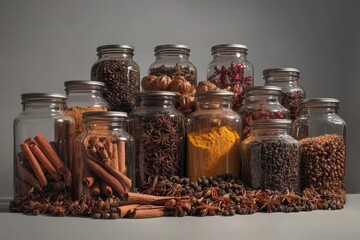 A vibrant assortment of aromatic spices and dried ingredients, including cinnamon, star anise, turmeric, peppercorns, and chilies, stored in clear jars.