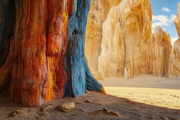 Vibrant, painted tree trunk, orange and blue, dominates a sunny desert scene with towering golden cliffs and sandy ground.