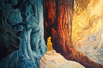 Textured triptych painting features ancient trees in cool blues, fiery reds, and golden patterns. A luminous path connects these distinct, elemental realms.