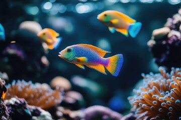 Vibrant blue, orange, and purple tropical fish glides through a beautiful underwater world with glowing corals and other fish.