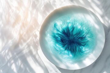A serene white dish holds an intricate, electric blue organic pattern resembling nerves or abstract art, bathed in soft, dappled light.