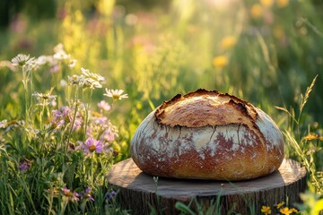 A beautiful, freshly baked sourdough loaf sits on a rustic tree stump in a sunlit wildflower meadow. Golden hour light bathes the natural scene, highlighting homemade bread's wholesome charm.