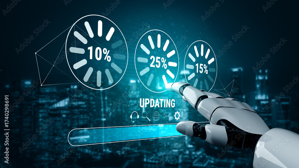 Wall mural an ai system update and machine learning model training. a progress bar and loading icons showing th